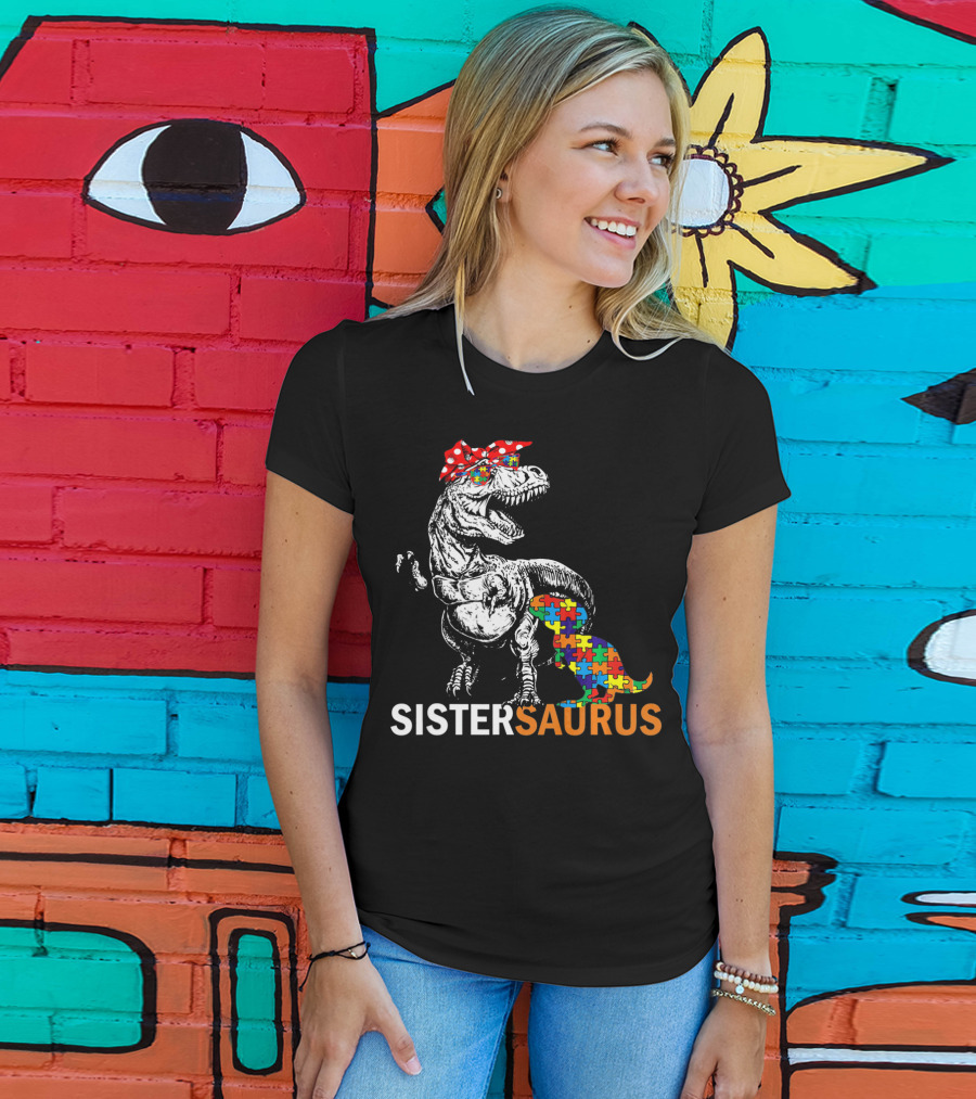 Sister Saurus Autism Awareness Dinosaur Puzzle Print T-Shirt