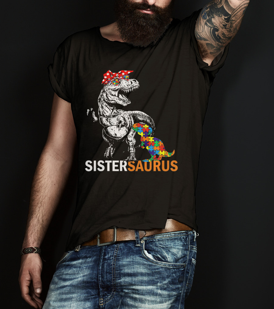 Sister Saurus Autism Awareness Dinosaur Puzzle Print T-Shirt