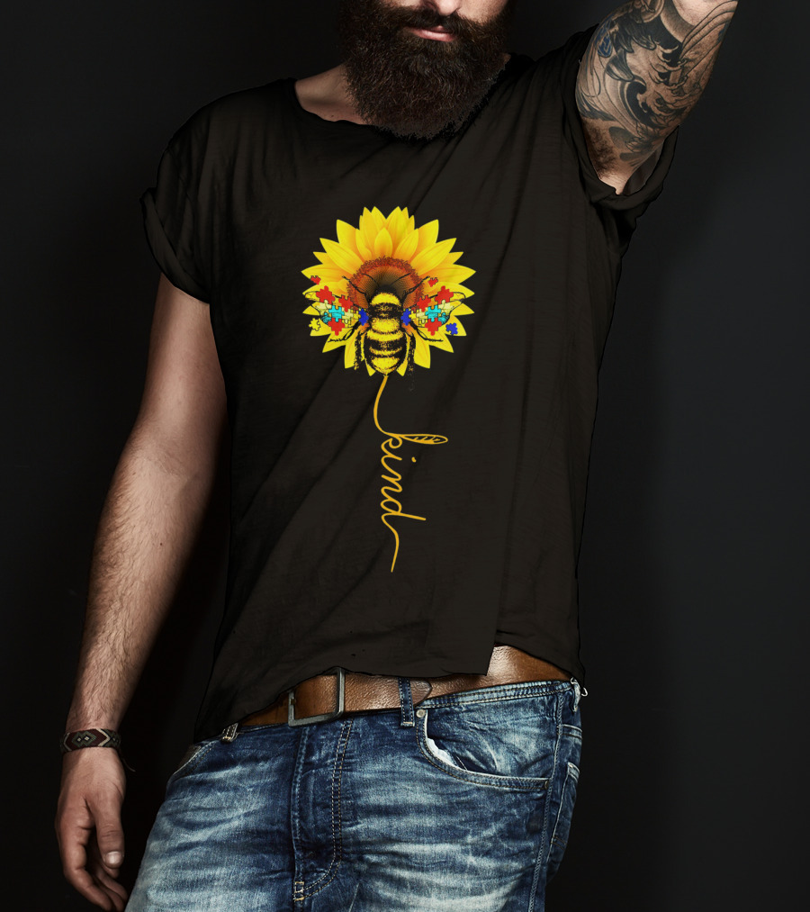 Bee Kind Autism Awareness Sunflower Puzzle T-Shirt