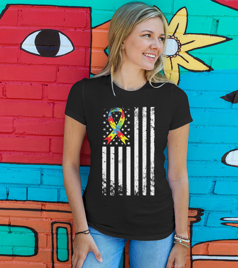 Vintage Autism Awareness Puzzle Ribbon US Flag T-Shirt