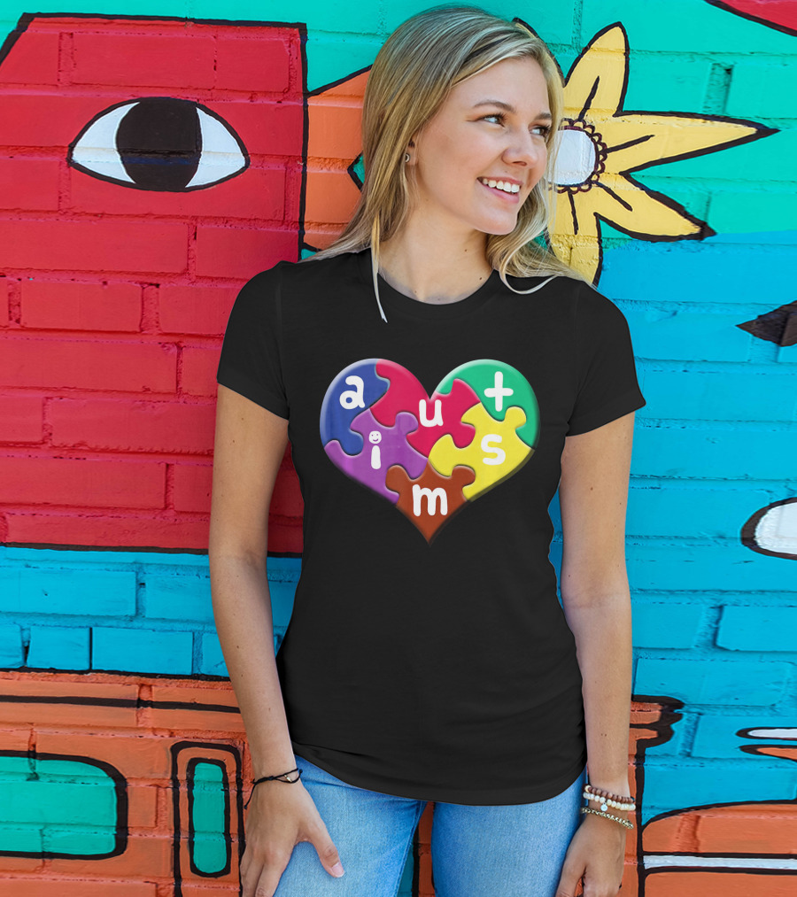 Autism Awareness Heart Puzzle Pieces Love Smile Colorful T-Shirt