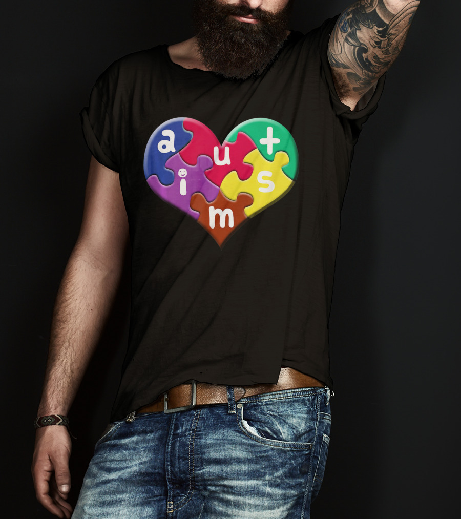 Autism Awareness Heart Puzzle Pieces Love Smile Colorful T-Shirt