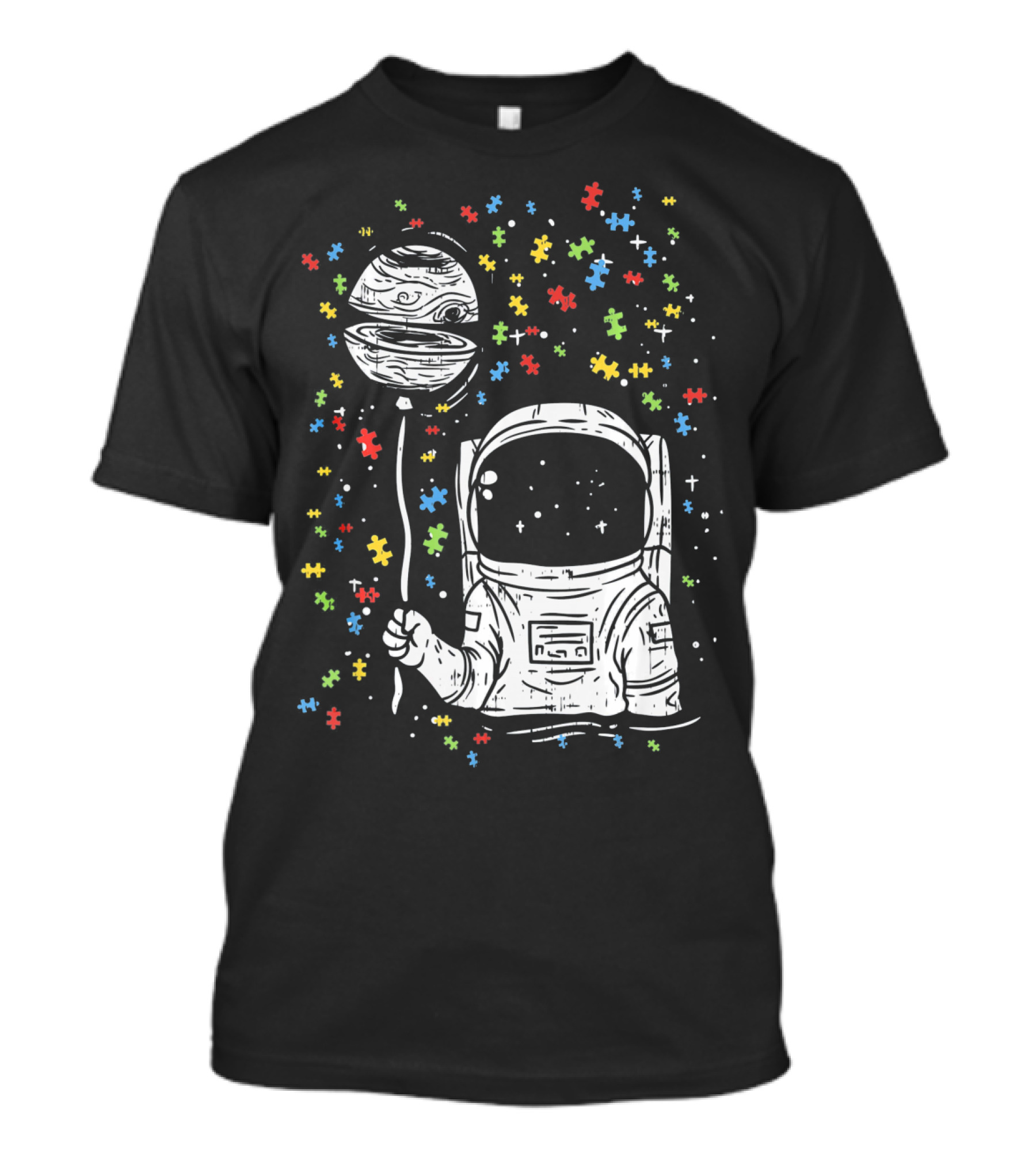 Astronaut Holding Planet Balloon With Puzzle Pieces For Autism Awareness T-Shirt