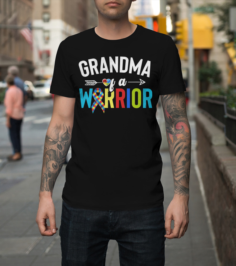 Grandma Of A Warrior Autism Heart Arrow Puzzle T-Shirt