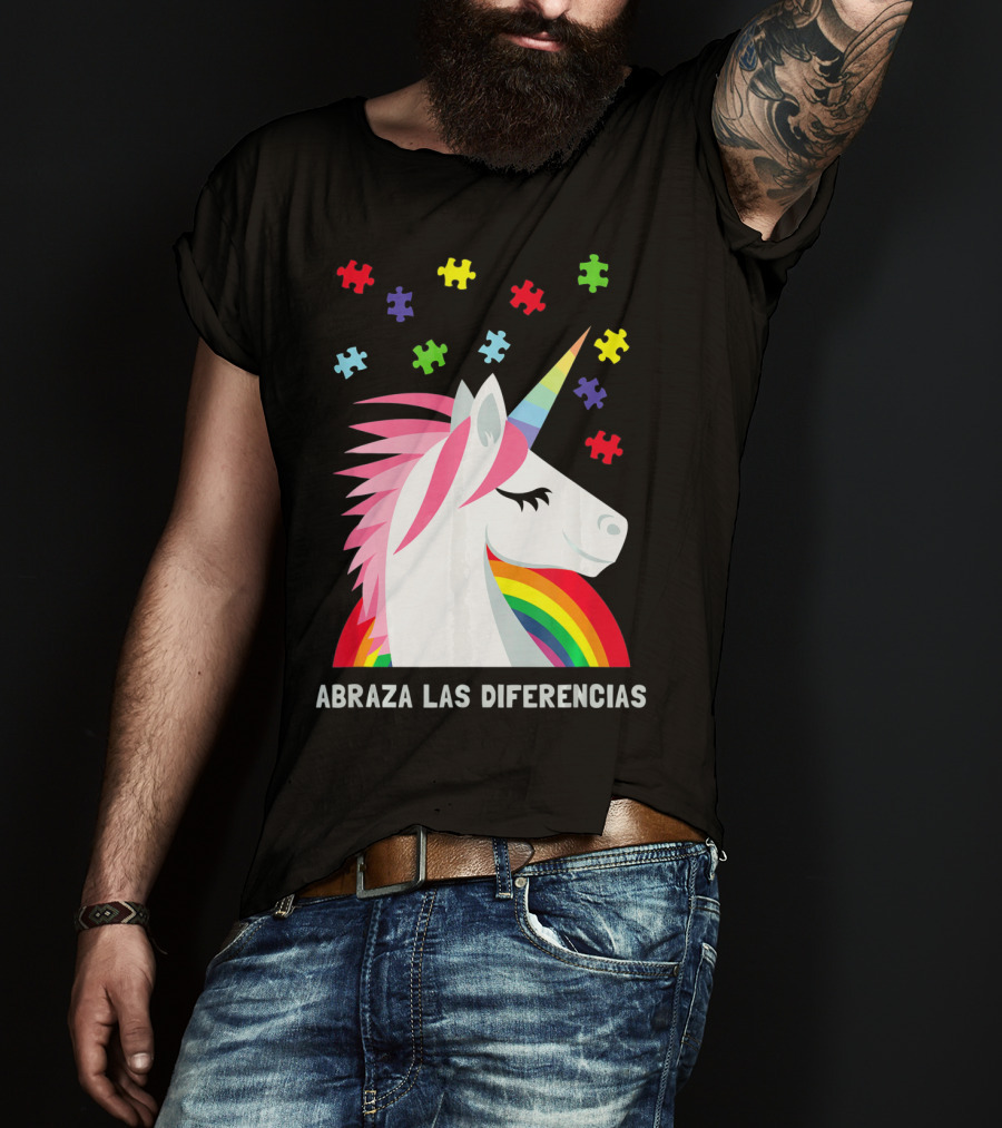 Abraza Las Diferencias Autism Awareness Spanish Unicorn Puzzle Pieces T-Shirt