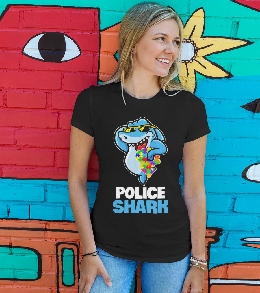 Police Shark Holding Autism Awareness Puzzle Heart T-Shirt