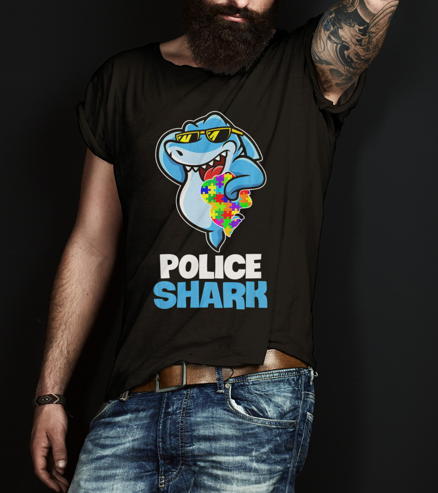 Police Shark Holding Autism Awareness Puzzle Heart T-Shirt