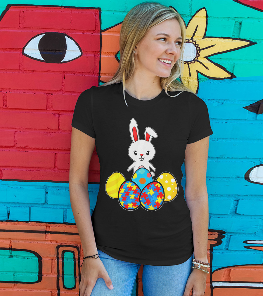 Easter Bunny With Autism Awareness Puzzle Pattern Eggs T-Shirt