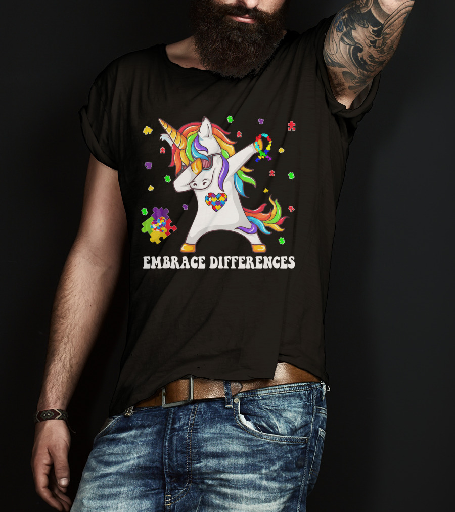 Embrace Differences Unicorn Autism Aware Puzzle Pieces T-Shirt