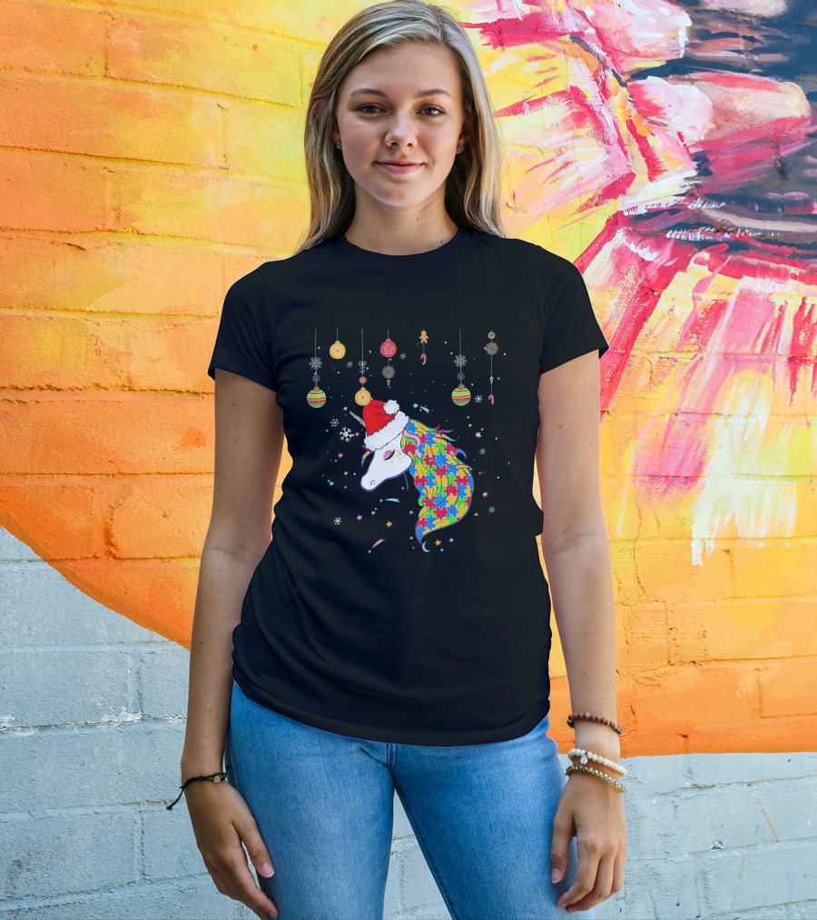 Christmas Unicorn Santa Hat Autism Puzzle T-Shirt