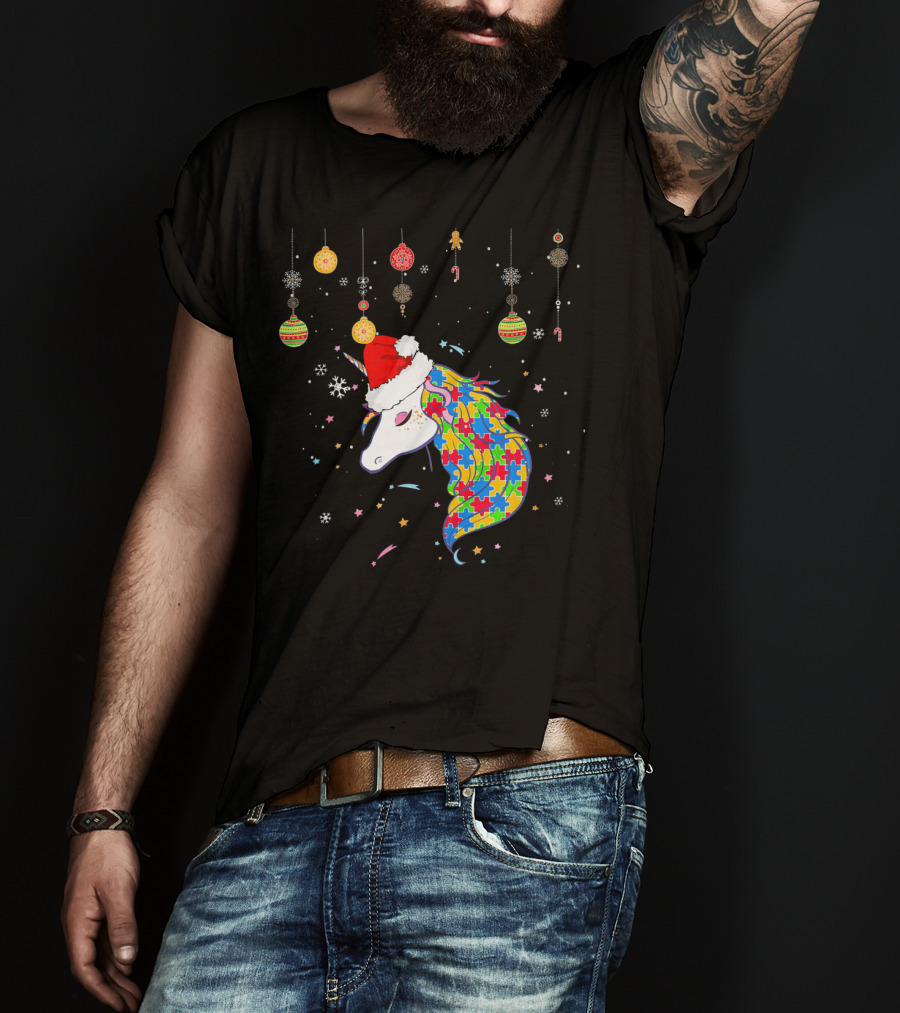 Christmas Unicorn Santa Hat Autism Puzzle T-Shirt