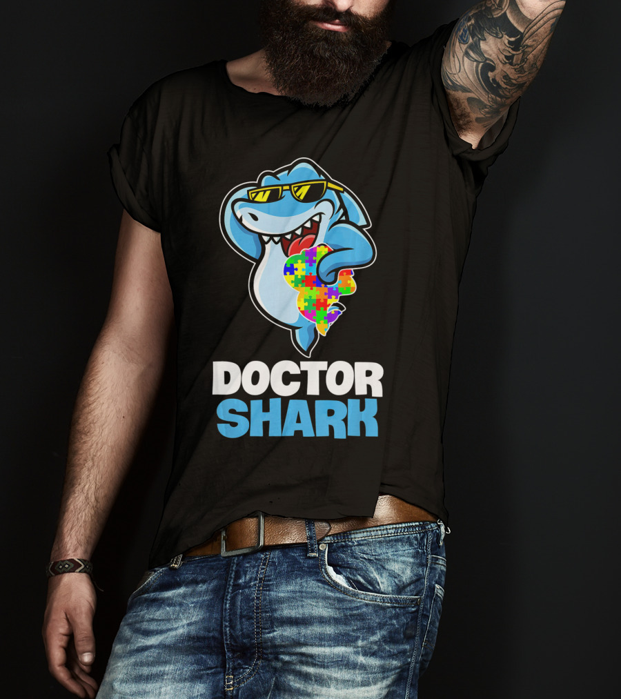 Doctor Shark Sunglasses Holding Autism Puzzle Heart T-Shirt
