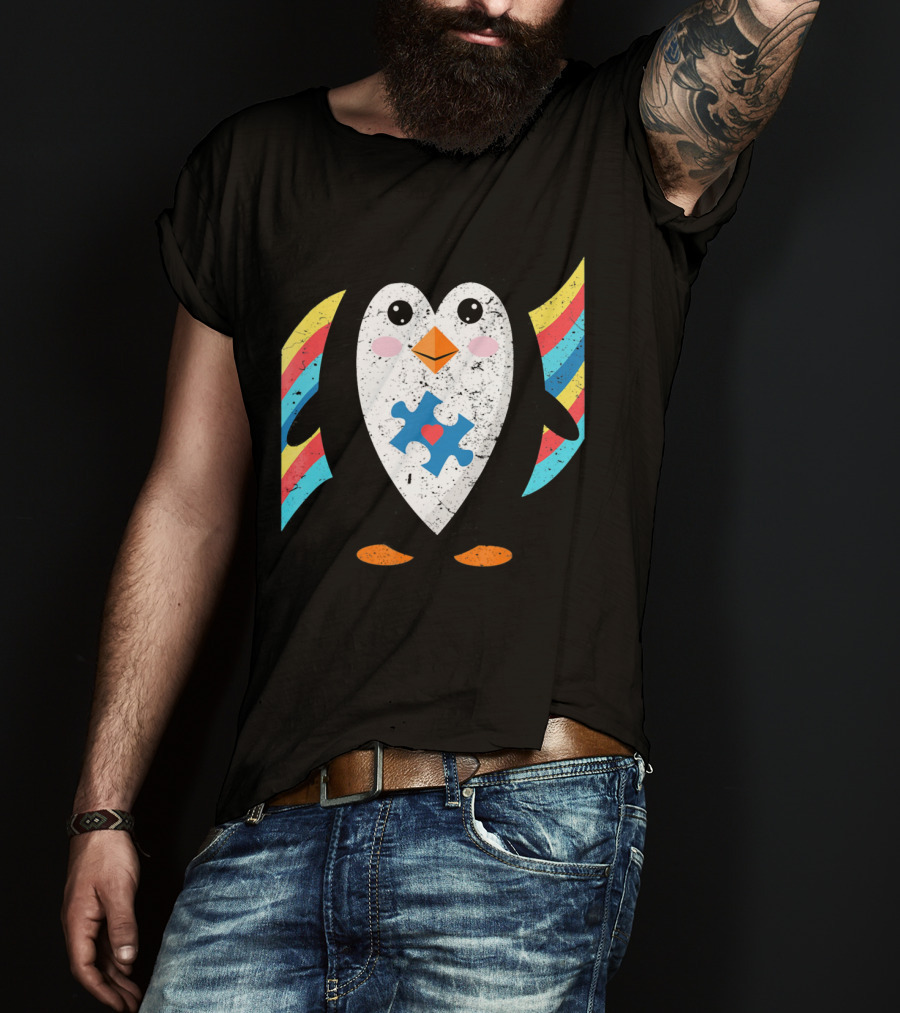Cute Penguin Autism Awareness Heart Puzzle T-Shirt