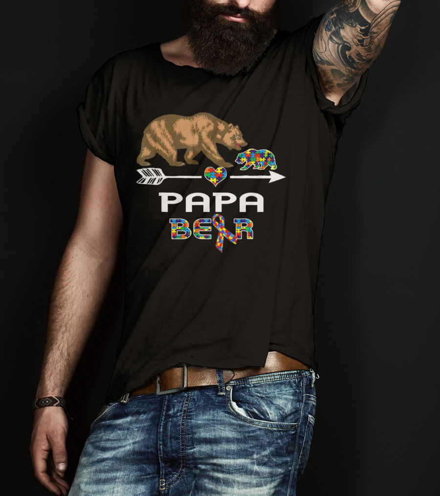 Papa Bear Puzzle Heart Arrow Autism Awareness T-Shirt