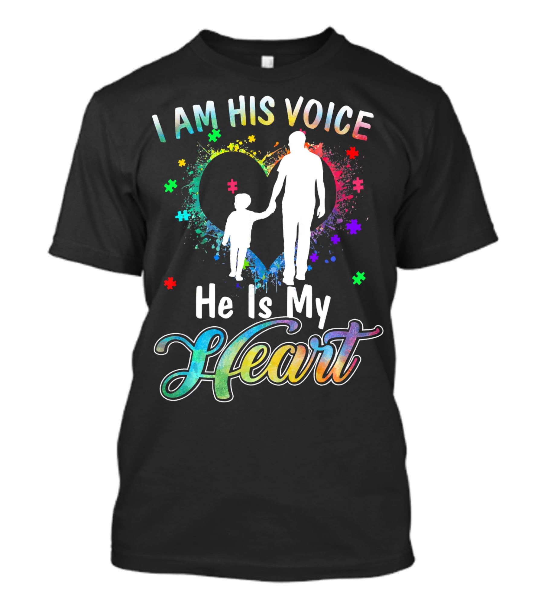 I Am His Voice He Is My Heart Autism Awareness Father And Child Silhouette With Colorful Puzzle T-Shirt