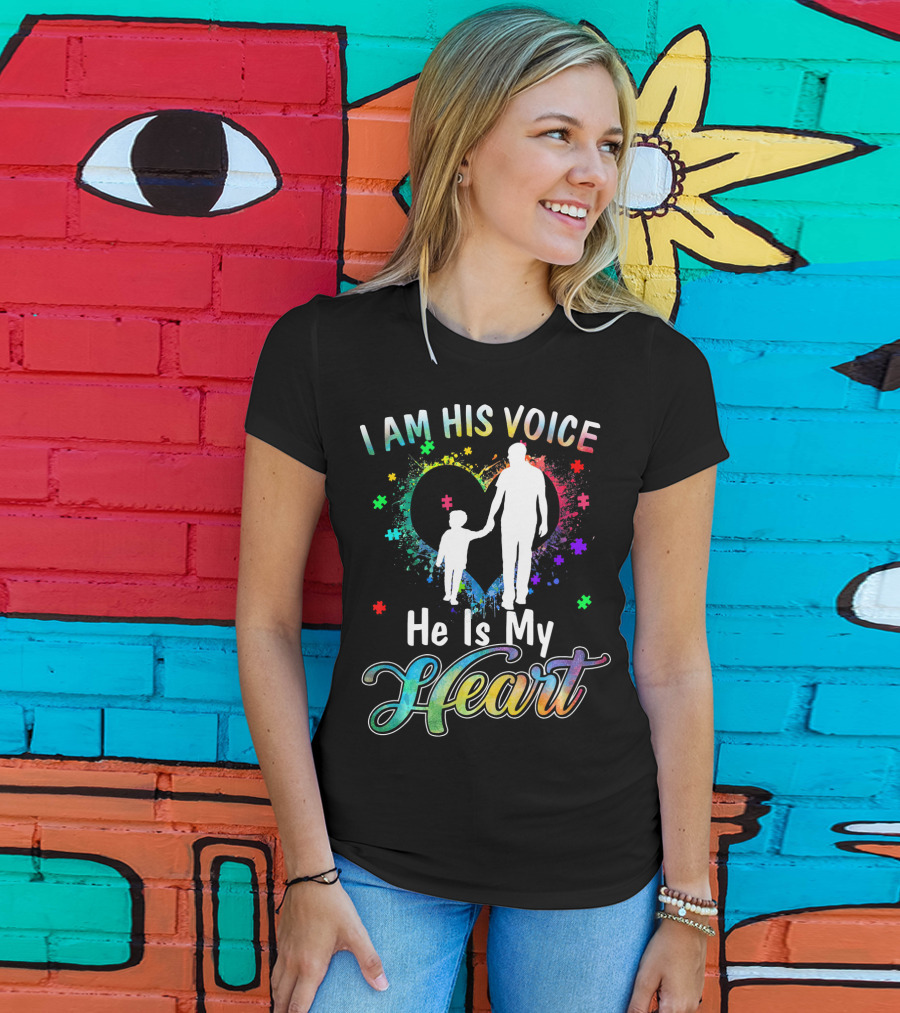 I Am His Voice He Is My Heart Autism Awareness Father And Child Silhouette With Colorful Puzzle T-Shirt