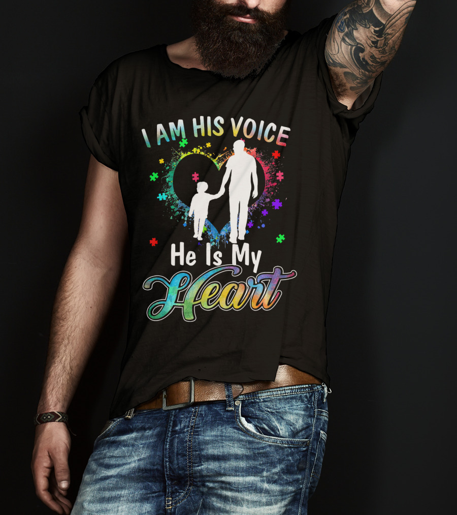 I Am His Voice He Is My Heart Autism Awareness Father And Child Silhouette With Colorful Puzzle T-Shirt