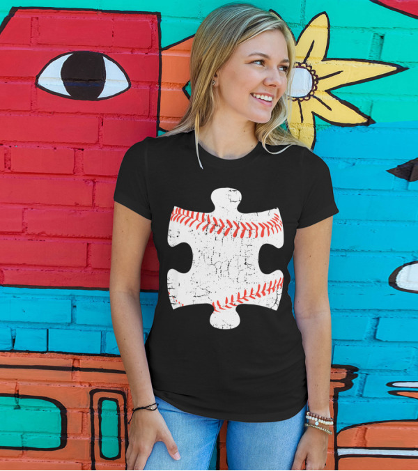 Baseball Stitch Puzzle Piece Autism Awareness T-Shirt
