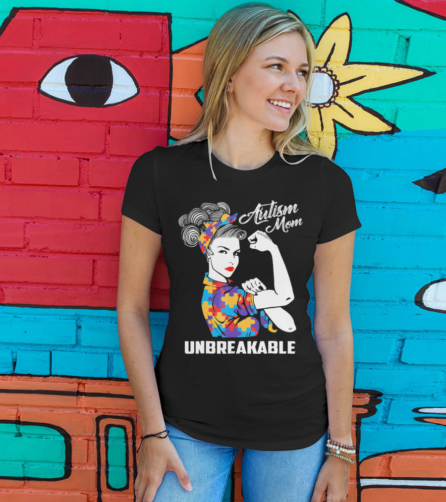 Autism Mom Unbreakable Puzzle Pattern Rosie The Riveter T-Shirt