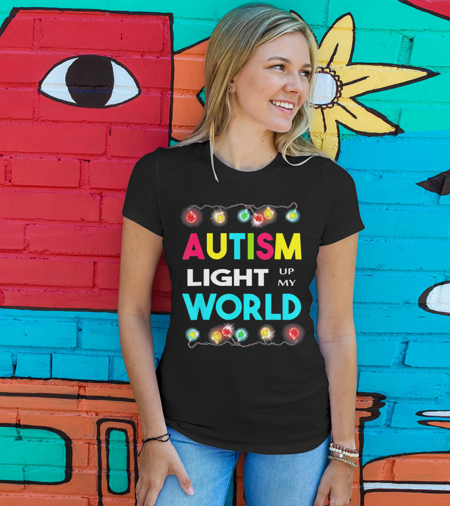 Autism Light Up My World Autism Awareness Puzzle String Lights T-Shirt