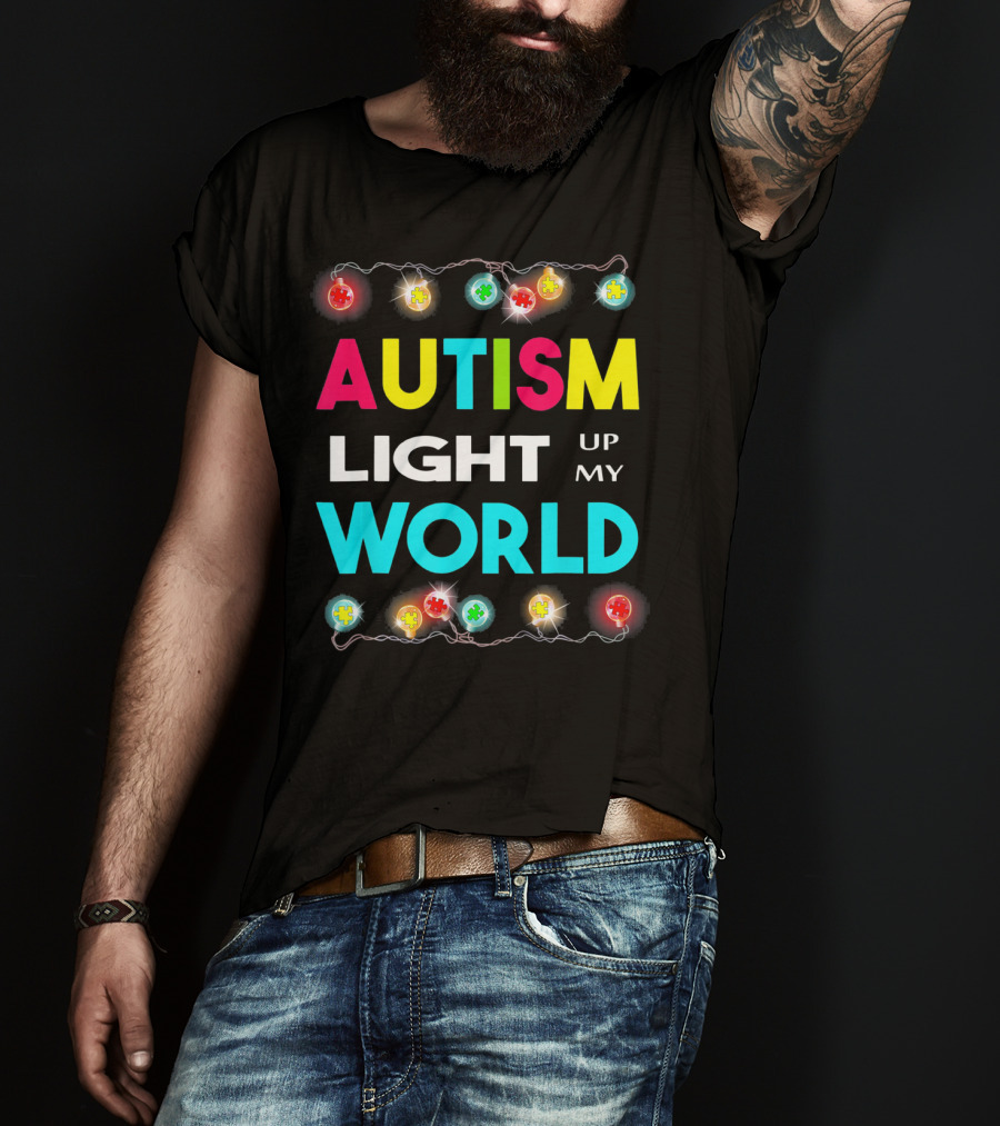 Autism Light Up My World Autism Awareness Puzzle String Lights T-Shirt