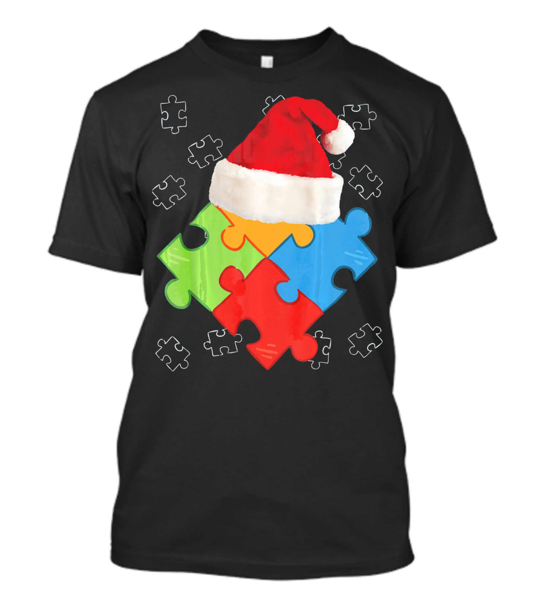 Autism Puzzle Pieces With Santa Hat Holiday T-Shirt