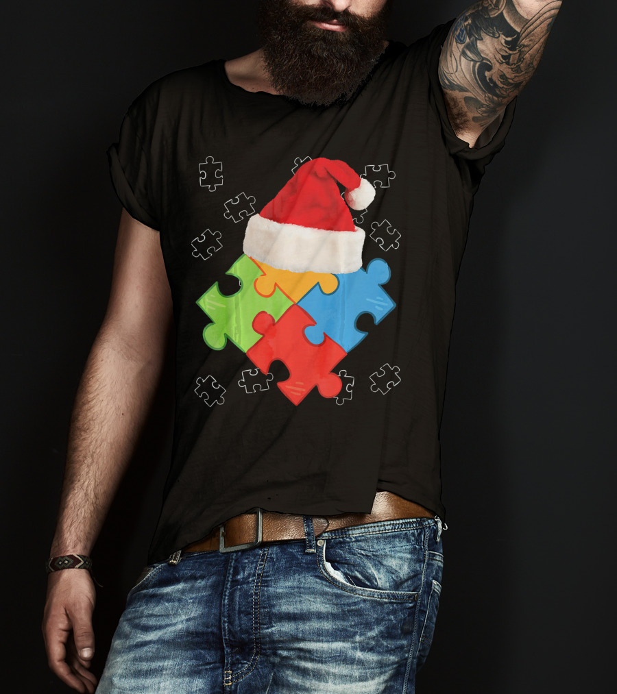 Autism Puzzle Pieces With Santa Hat Holiday T-Shirt