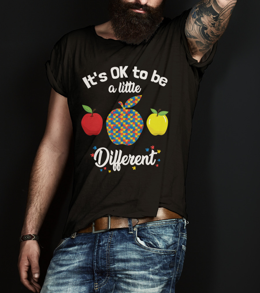It's OK To Be A Little Different Apple Teacher Aut Puzzle Pattern Red Yellow T-Shirt