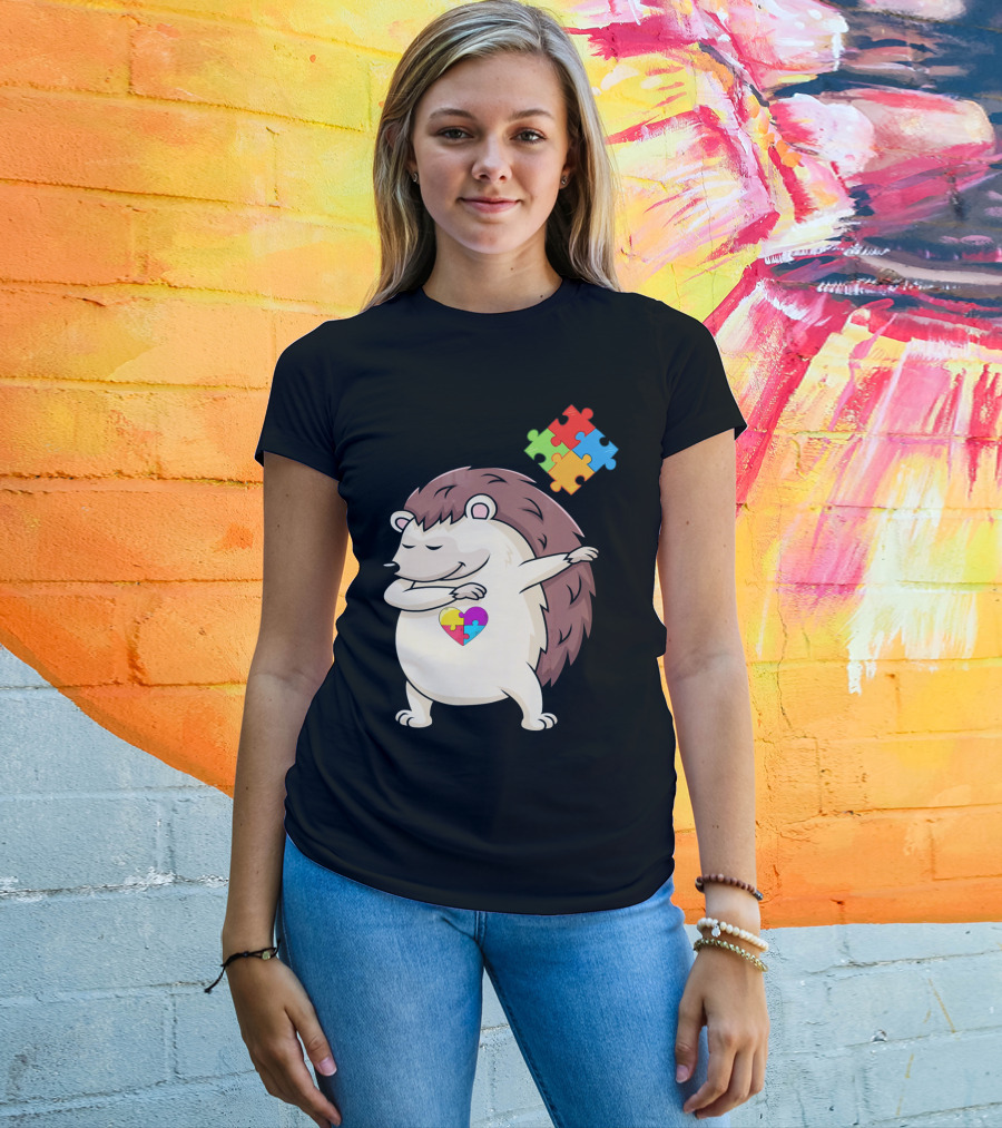 Hedgehog Dabbing With Puzzle Pieces Heart Autism Awareness T-Shirt