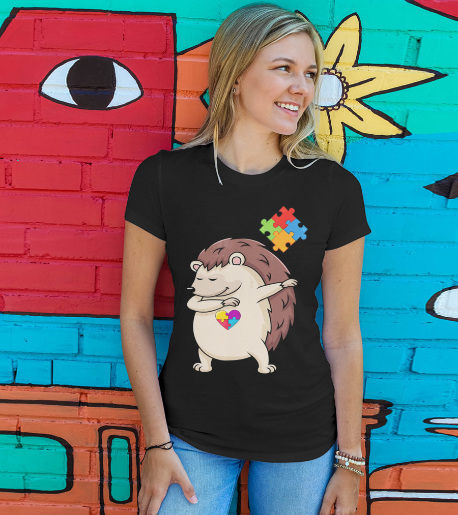 Hedgehog Dabbing With Puzzle Pieces Heart Autism Awareness T-Shirt