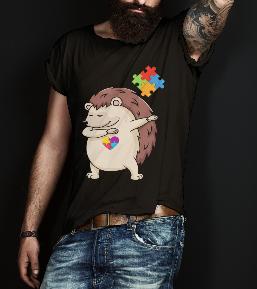 Hedgehog Dabbing With Puzzle Pieces Heart Autism Awareness T-Shirt