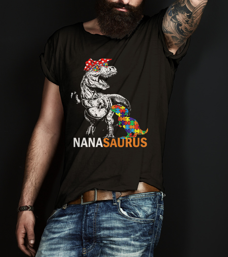Nana Saurus Auntsaurus Autism Dinosaur Puzzle Piece Bandana T-Shirt