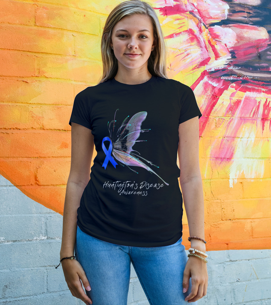 Huntington's Disease Awareness Blue Ribbon Butterfly T-Shirt