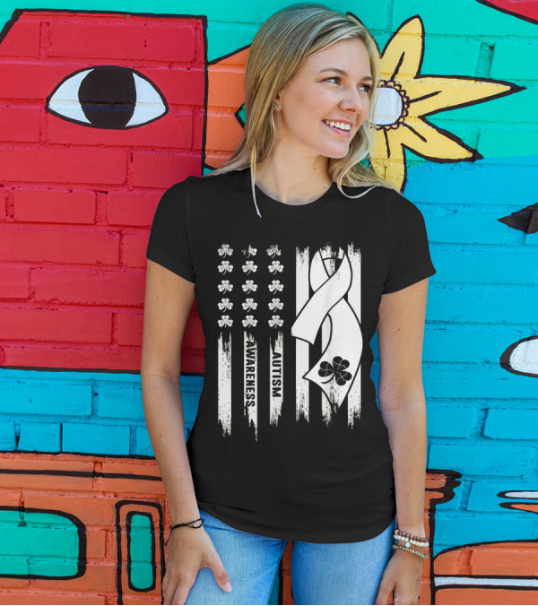 Autism Awareness Ribbon Patrick's Day American Flag Clover T-Shirt