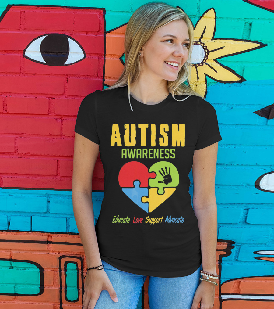Autism Awareness Advocate Educate Love Support Puzzle Heart Handprint T-Shirt