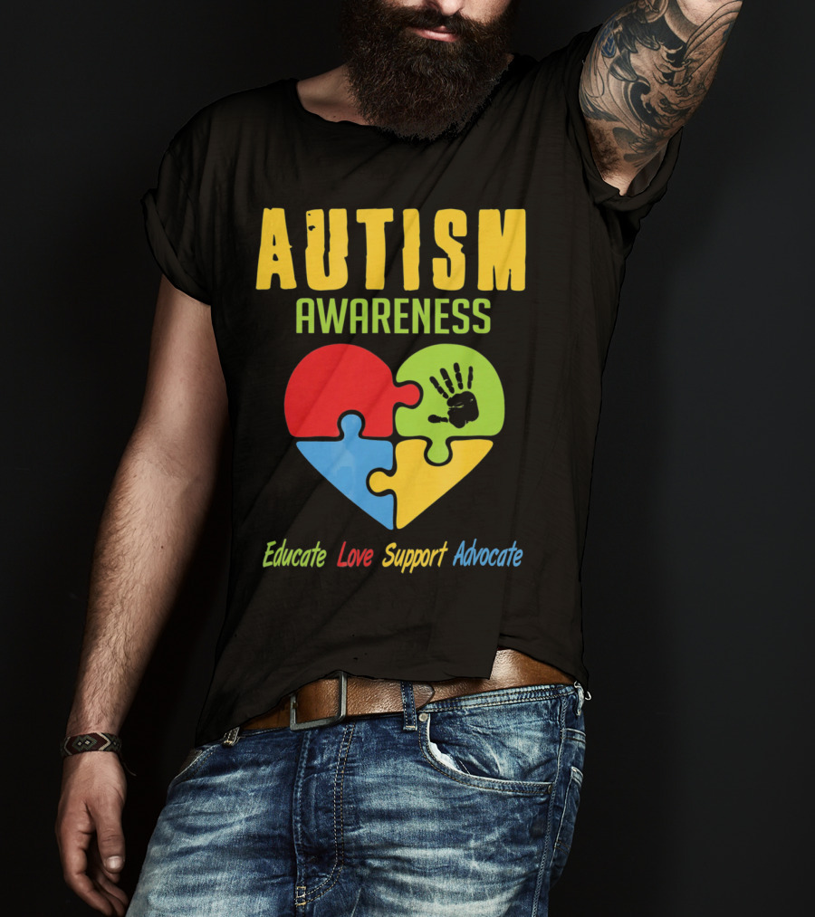 Autism Awareness Advocate Educate Love Support Puzzle Heart Handprint T-Shirt