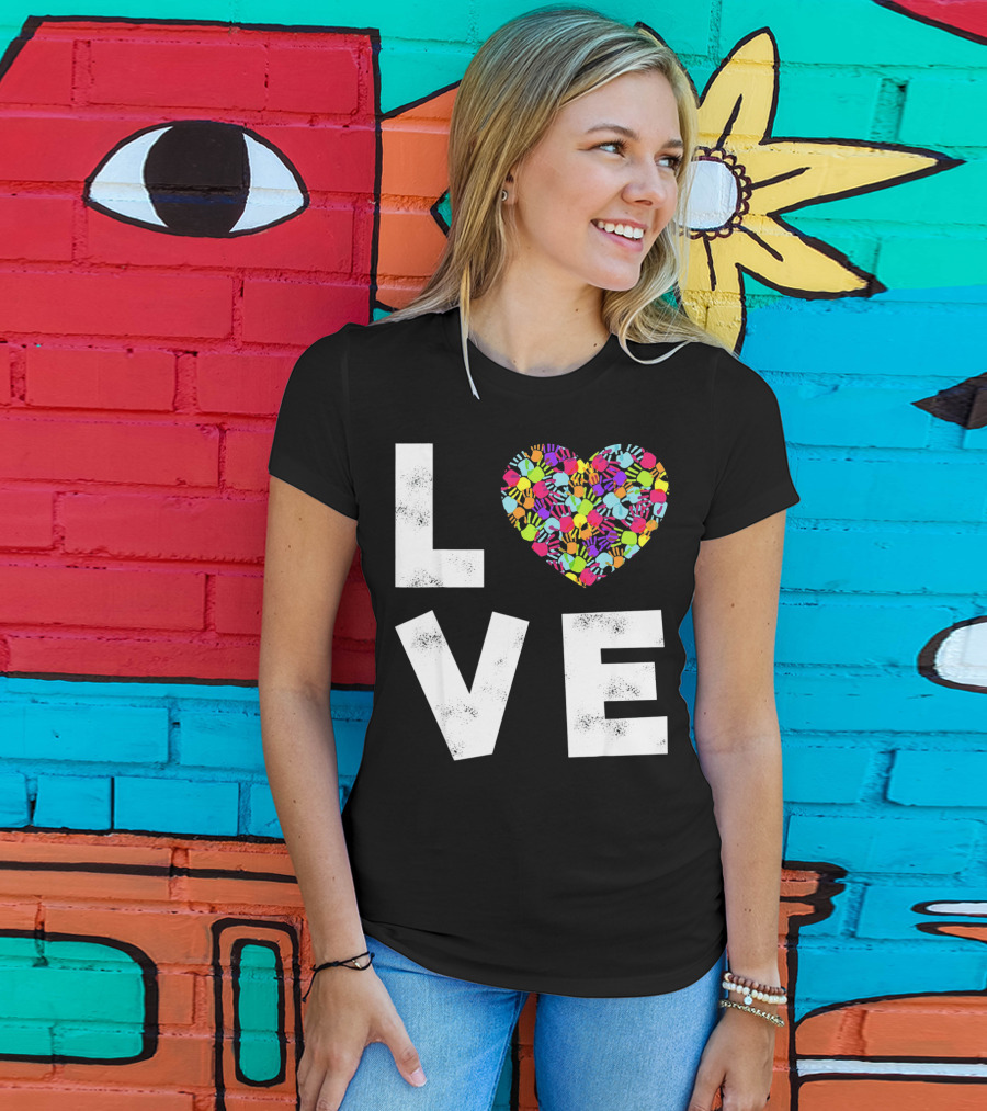 LOVE Heart With Colorful Handprints For Autism Awareness T-Shirt