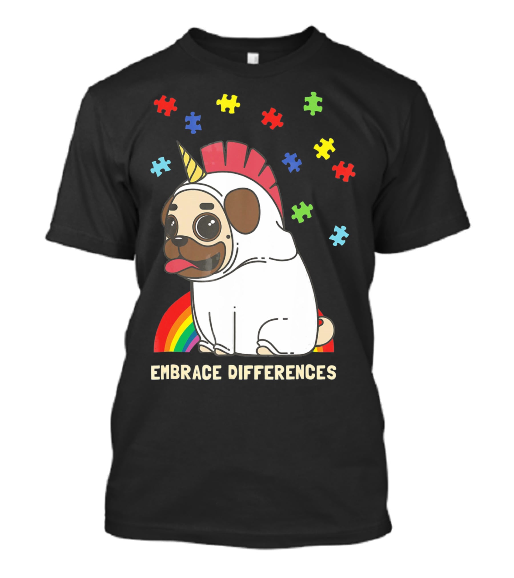 Embrace Differences Autism Awareness Unicorn Pug T-Shirt