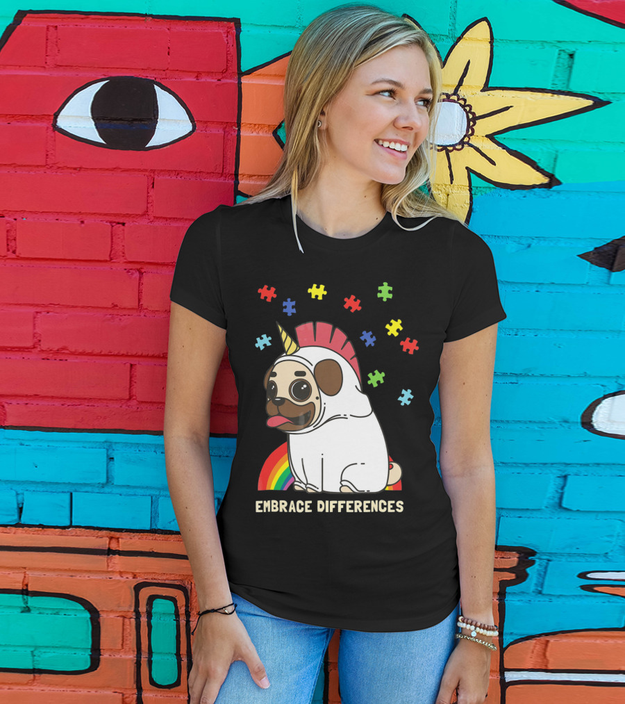 Embrace Differences Autism Awareness Unicorn Pug T-Shirt