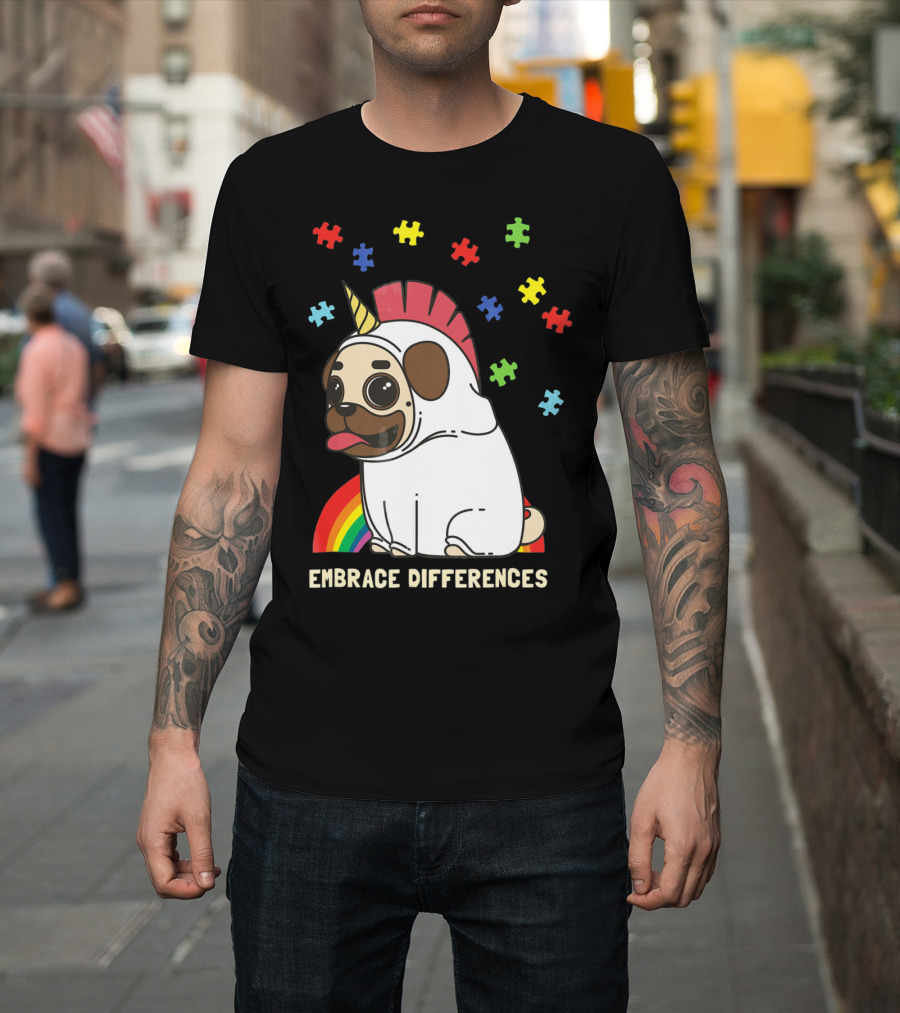 Embrace Differences Autism Awareness Unicorn Pug T-Shirt