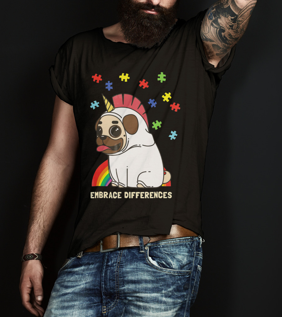 Embrace Differences Autism Awareness Unicorn Pug T-Shirt