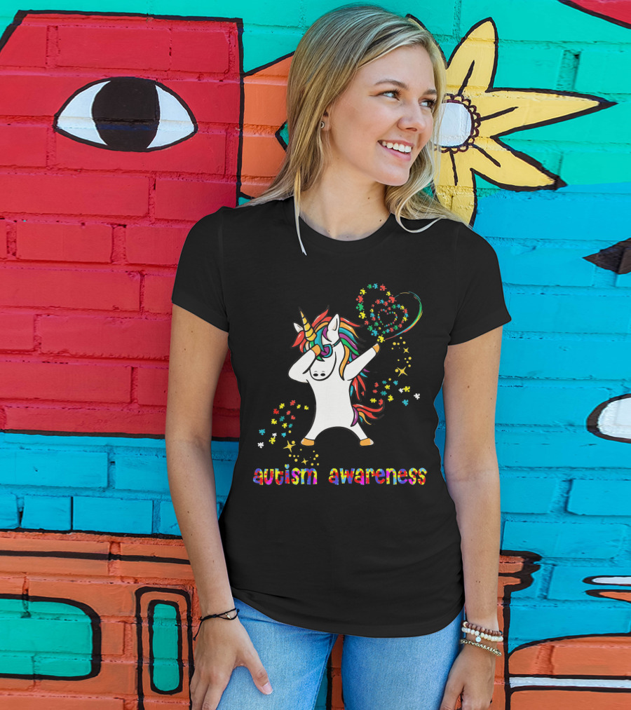 Autism Awareness Dabbing Unicorn Rainbow Puzzle Heart T-Shirt