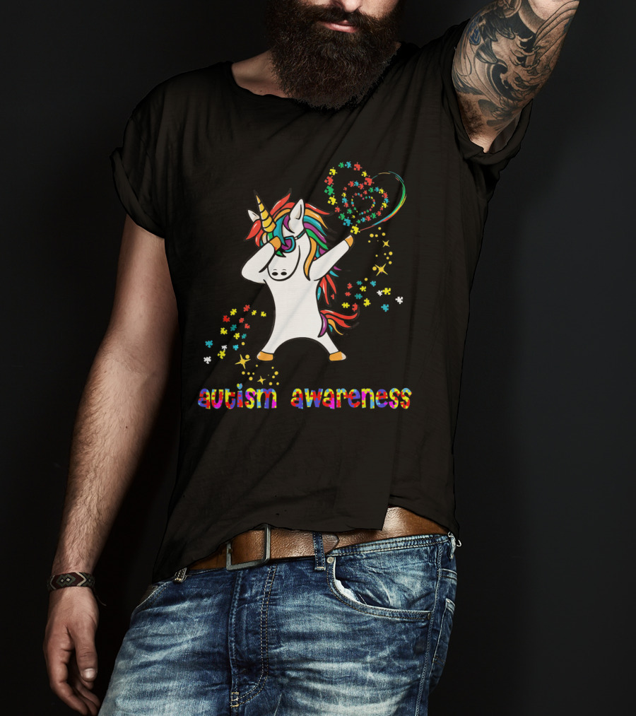 Autism Awareness Dabbing Unicorn Rainbow Puzzle Heart T-Shirt