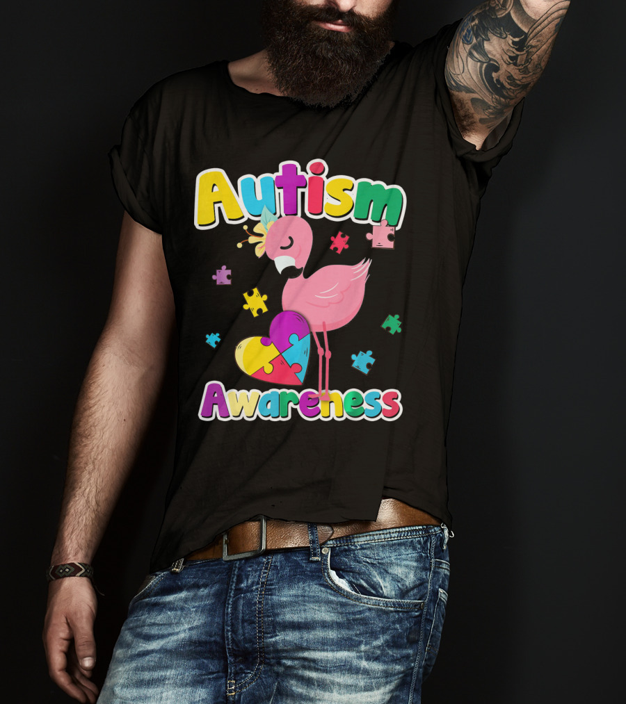 Autism Awareness Flamingo Heart Puzzle Pieces T-Shirt