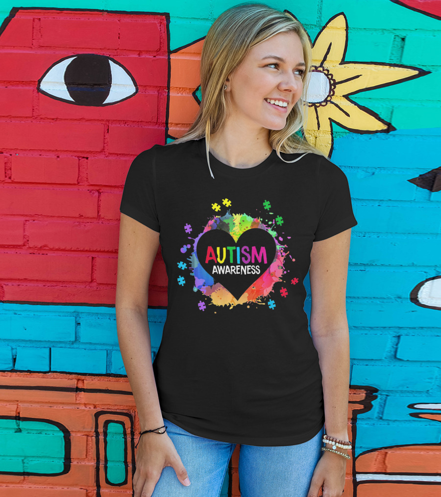 Autism Awareness Colorful Heart Puzzle Splash T-Shirt