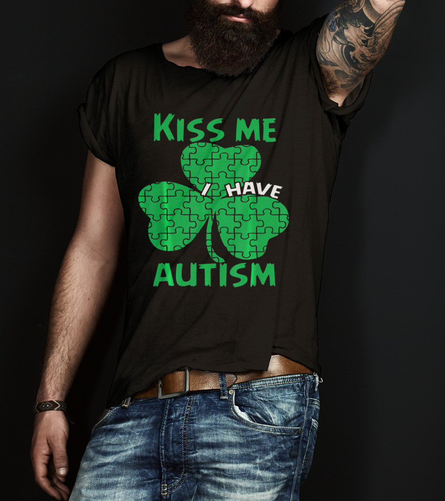 Kiss Me I Have Autism Awareness Shamrock Puzzle T-Shirt