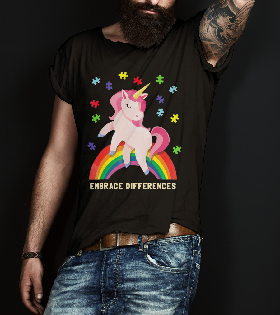 Embrace Differences Autism Awareness Youth Unicorn Rainbow Puzzle Pieces T-Shirt
