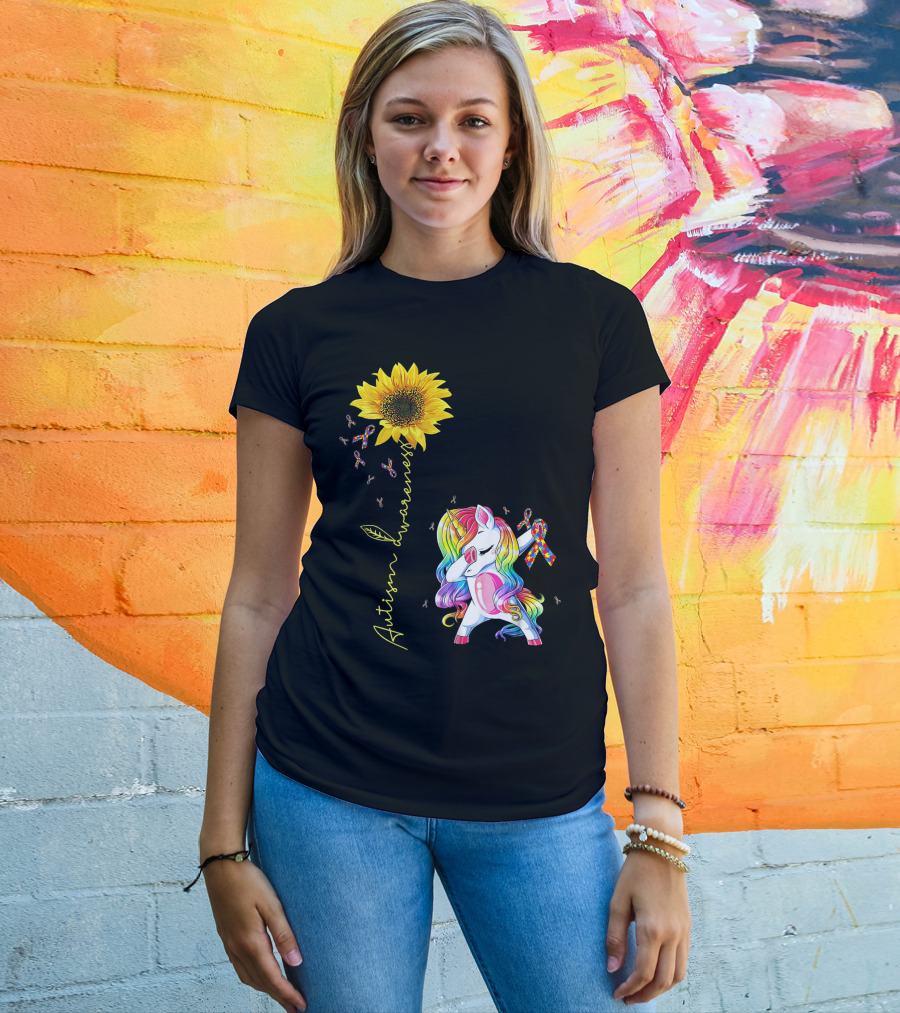 Autism Awareness Unicorn With Rainbow Ribbon Sunflower T-Shirt