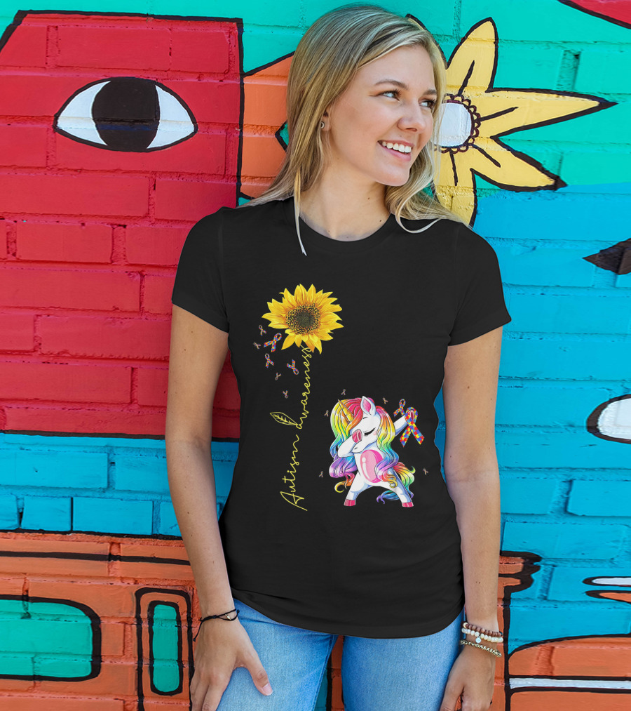 Autism Awareness Unicorn With Rainbow Ribbon Sunflower T-Shirt