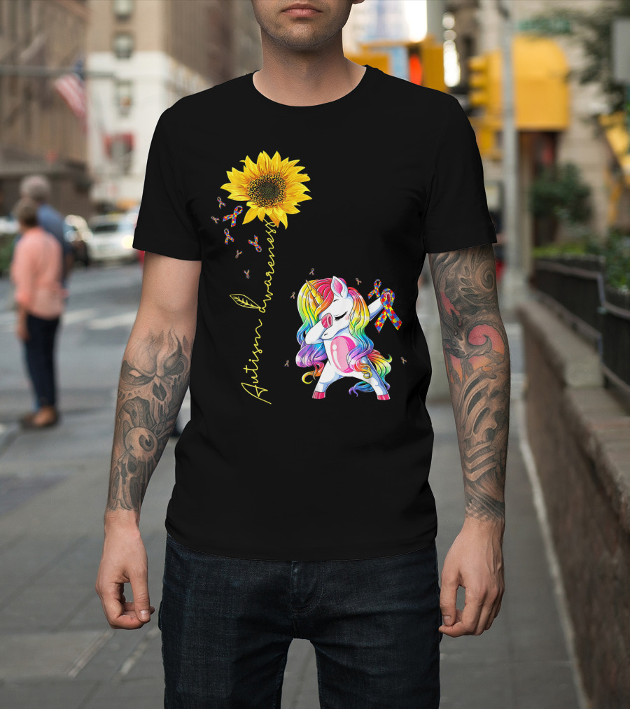 Autism Awareness Unicorn With Rainbow Ribbon Sunflower T-Shirt